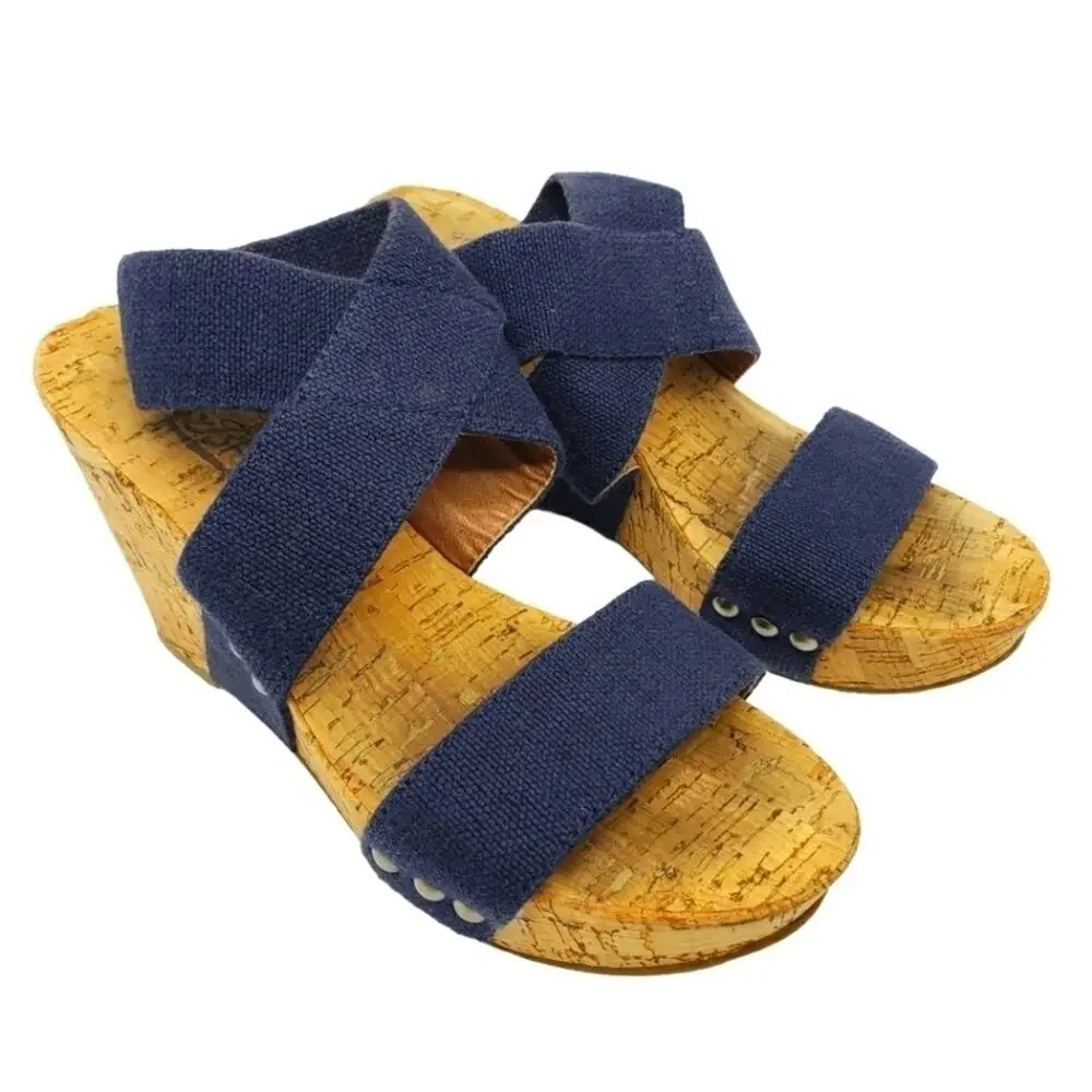 Lucky Brand Cork Wedge Sandal Blue Elastic Makayla Style Sz 6B/36